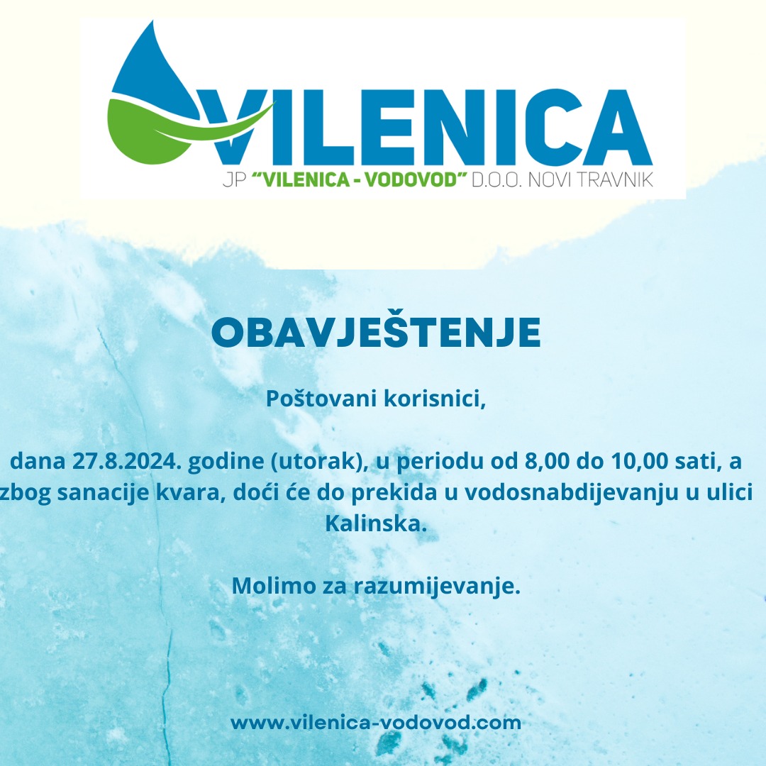 Obavještenje iz JP “Vilenica-Vodovod” za 27. 8. 