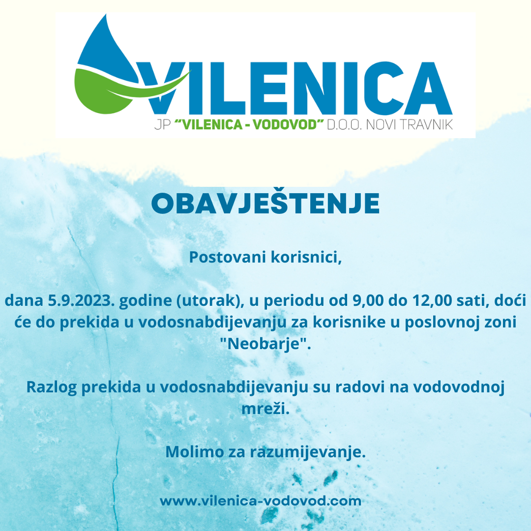 Obavještenje iz JP "Vilenica –Vodovod"