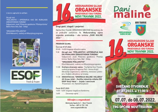 16.MEĐUNARODNI SAJAM ORGANSKE PROIZVODNJE I EKO TURIZMA DANI MALINE 2022. NOVI TRAVNIK