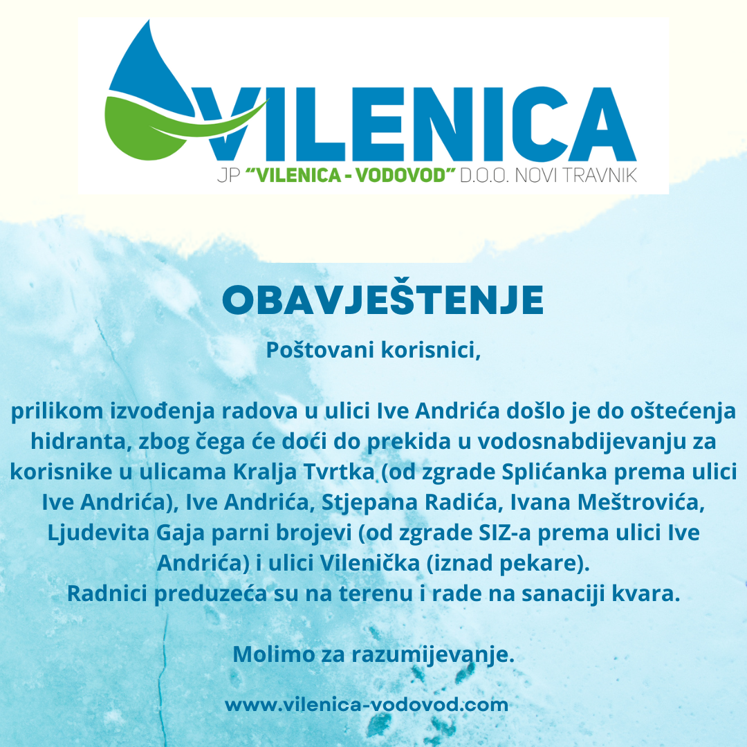 Obavještenje iz JP “Vilenica-Vodovod”