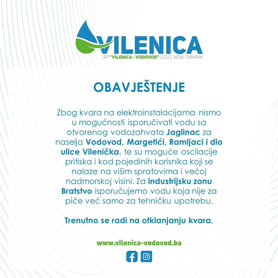Obavještenje JP "Vilenica-Vodovod"