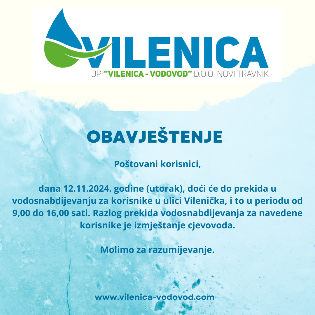 Obavještenje iz JP “Vilenica-Vodovod” za 12. 11. 