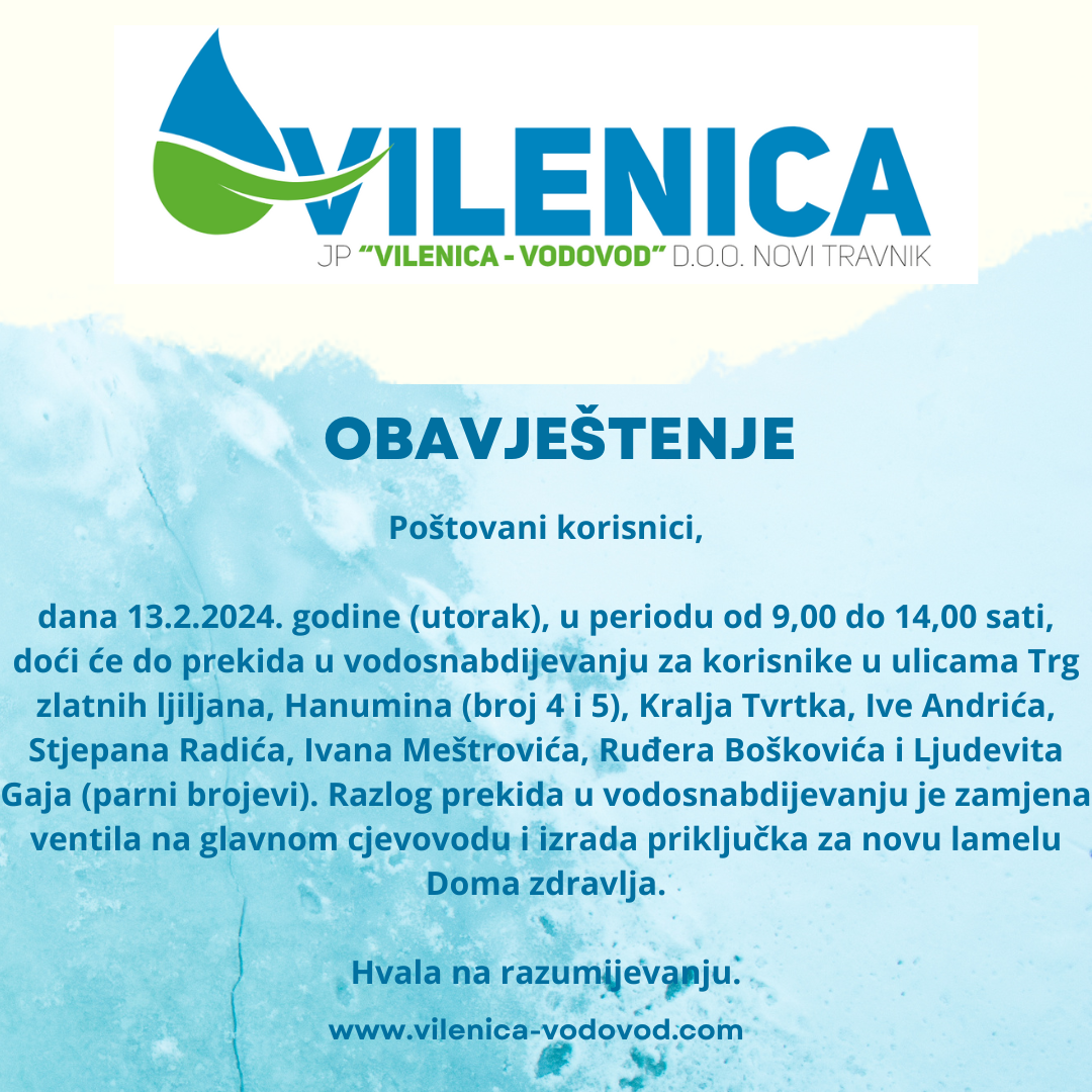 Obavještenje JP "Vilenica-Vodovod"