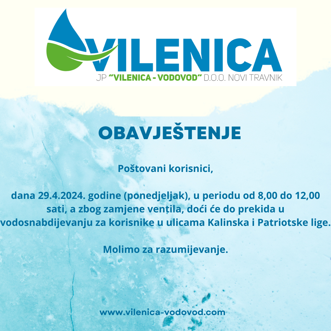 Obavještenje iz JP “Vilenica-Vodovod” za 29. 4. 