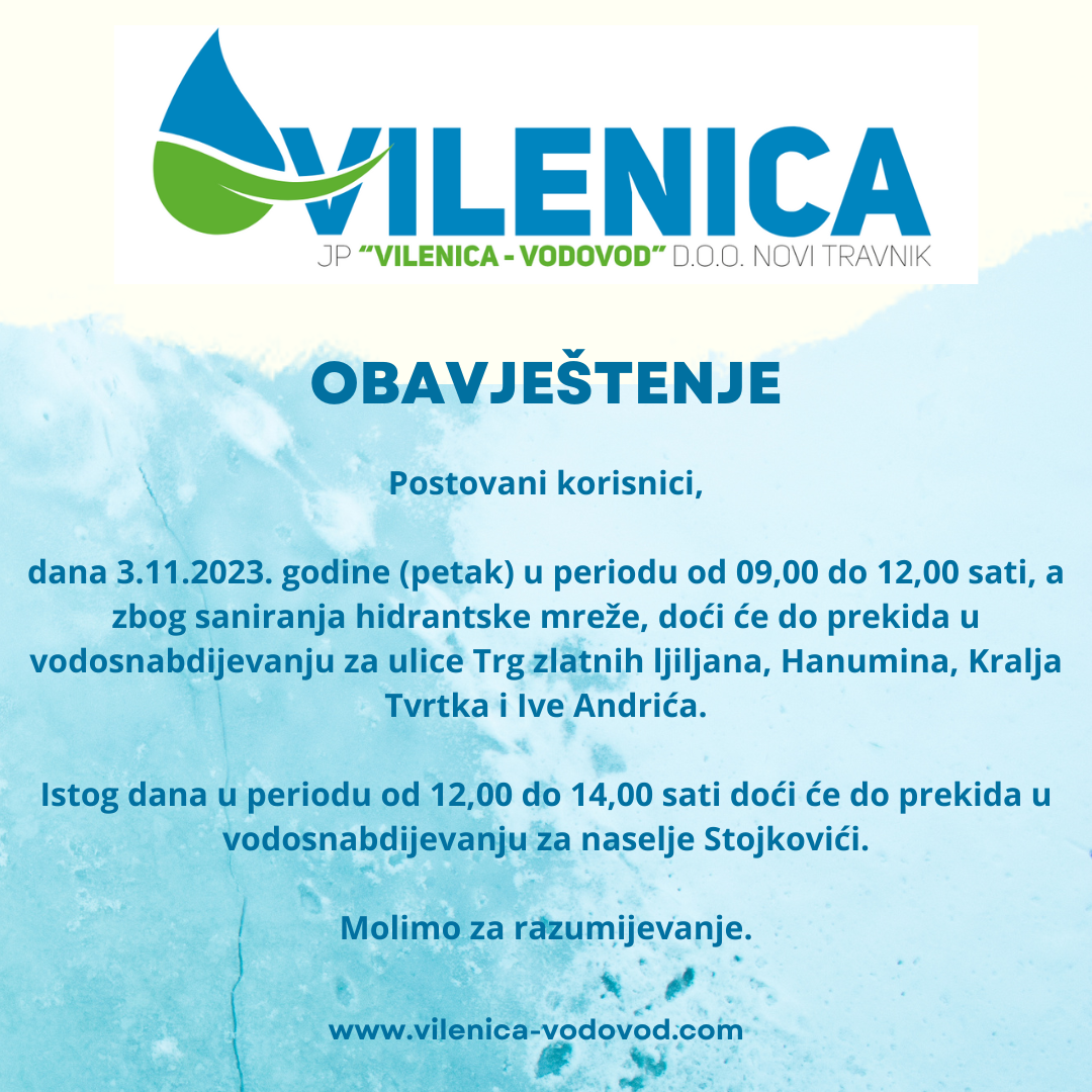 Obavještenje iz JP "Vilenica –Vodovod"