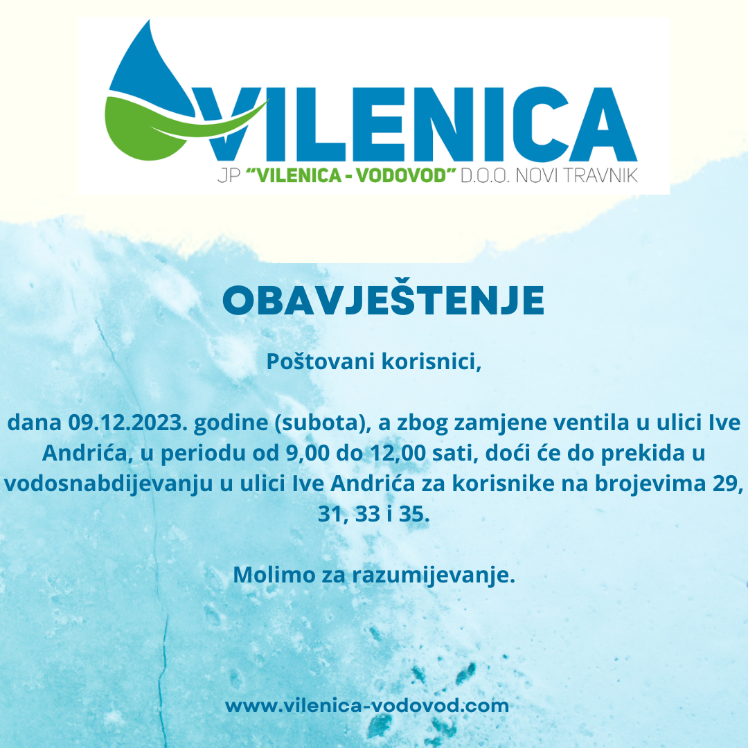 Obavještenje iz JP "Vilenica –Vodovod"