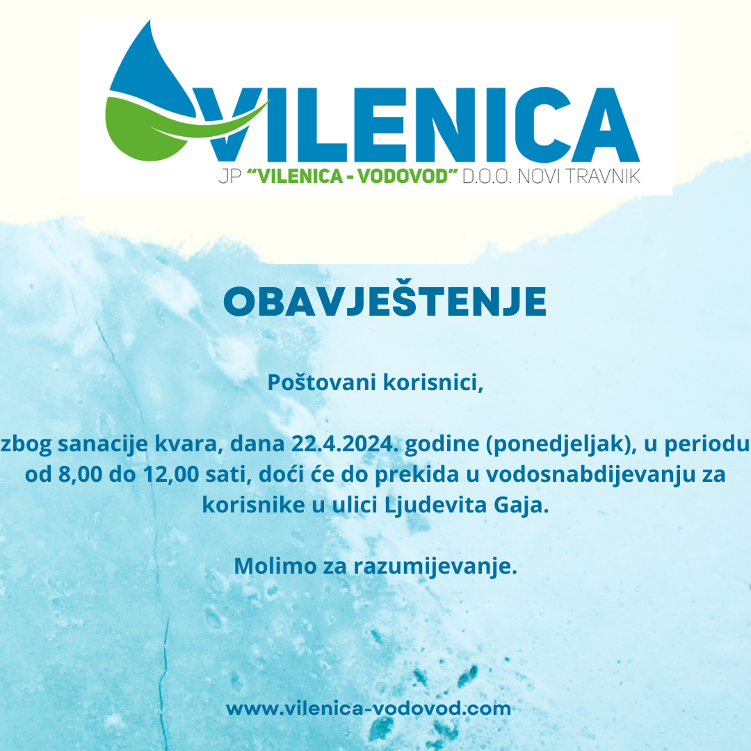Obavještenje iz JP “Vilenica-Vodovod”