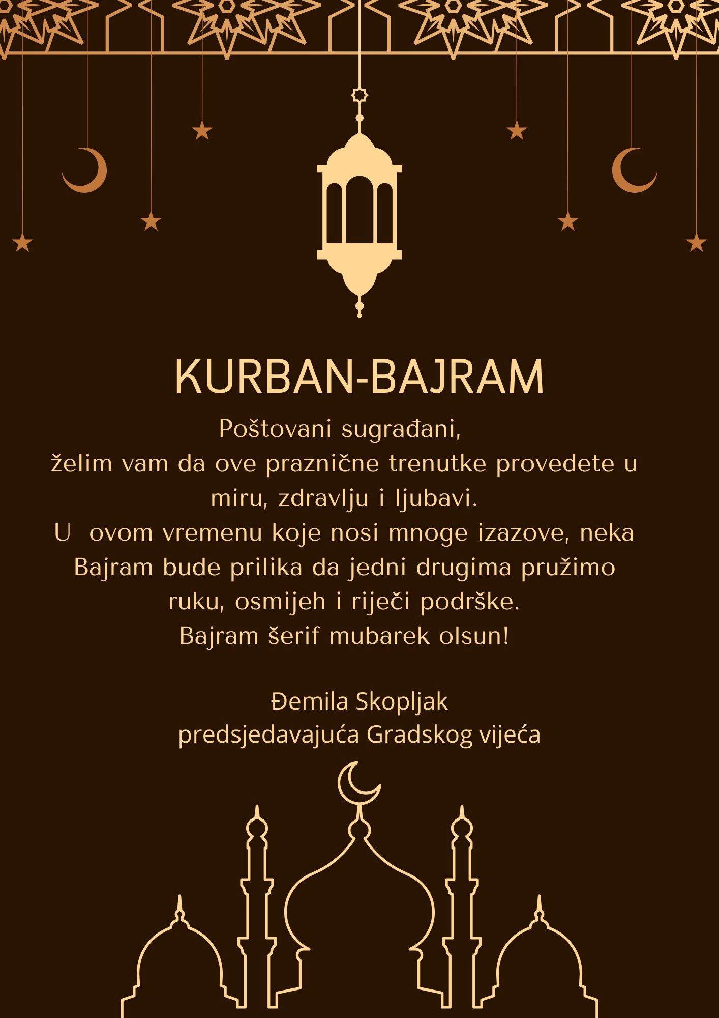 Čestitka predsjedateljice Gradskog vijeća povodom Kurban-bajrama